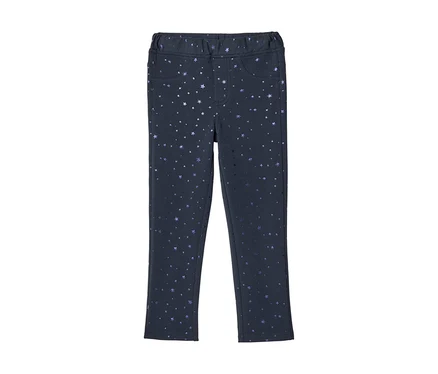Sötétkék leggings fényes csillag- és pontmintával, rugalmas derékrésszel és két elülső zsebbel.