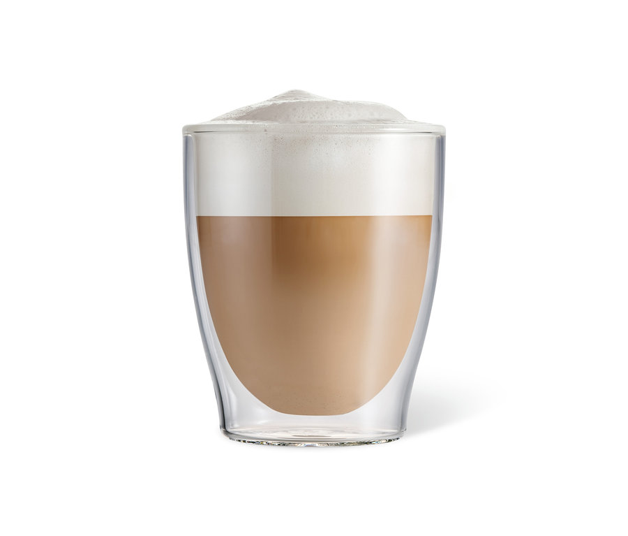 Kávé tejszínhabbal egy dupla falú Caffè Crema pohárban.