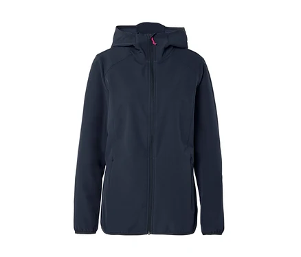 Sötétkék softshell kabát kapucnival és rózsaszín cipzárral.