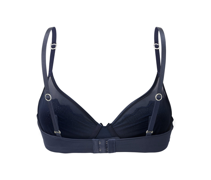 A sötétkék, merevítős, csipkés női melltartó hátulnézete.