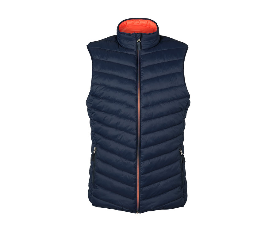 Sötétkék kifordítható steppelt mellény narancssárga belsővel.