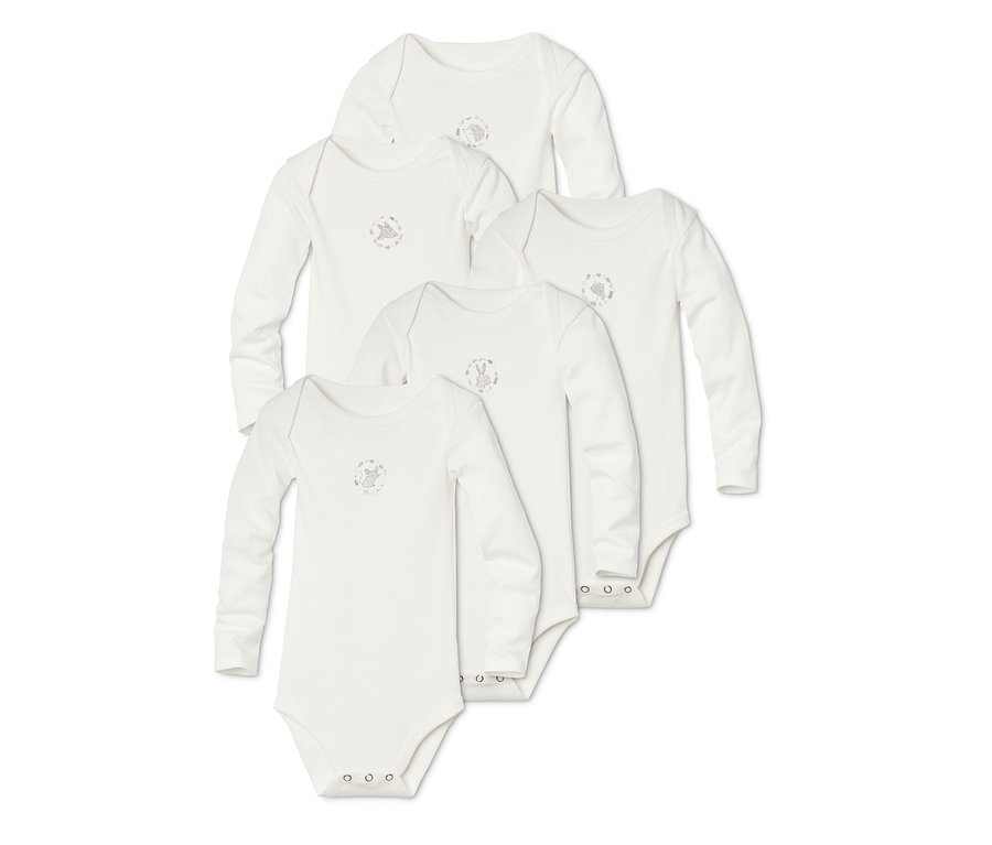 Öt fehér, hosszú ujjú pamut body.