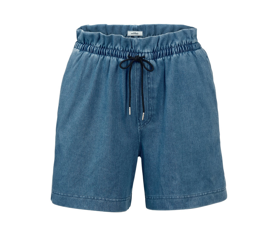 Kék, farmer hatású rövidnadrág fekete húzózsinórral.