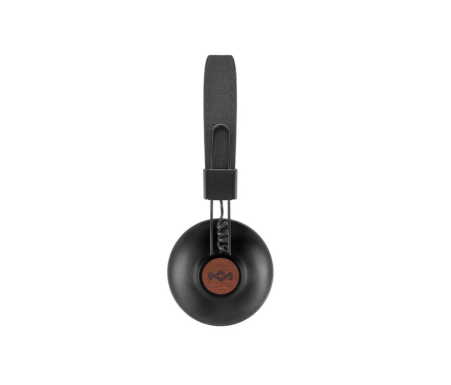 Fekete Marley Positive Vibration 2 Bluetooth fejhallgató fehér háttérrel.