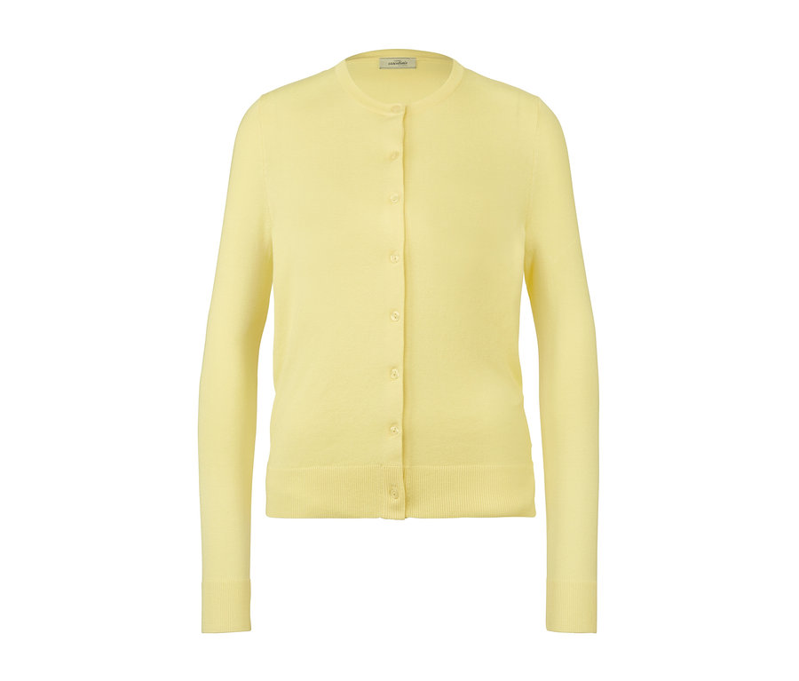Sárga, finomkötésű, gombos női kardigán, kerek nyakkivágással.