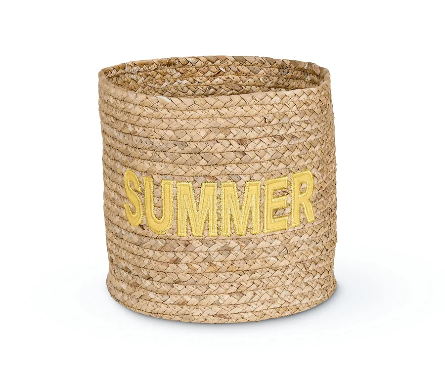 Fonott tárolókosár SUMMER felirattal, fehér háttérrel.
