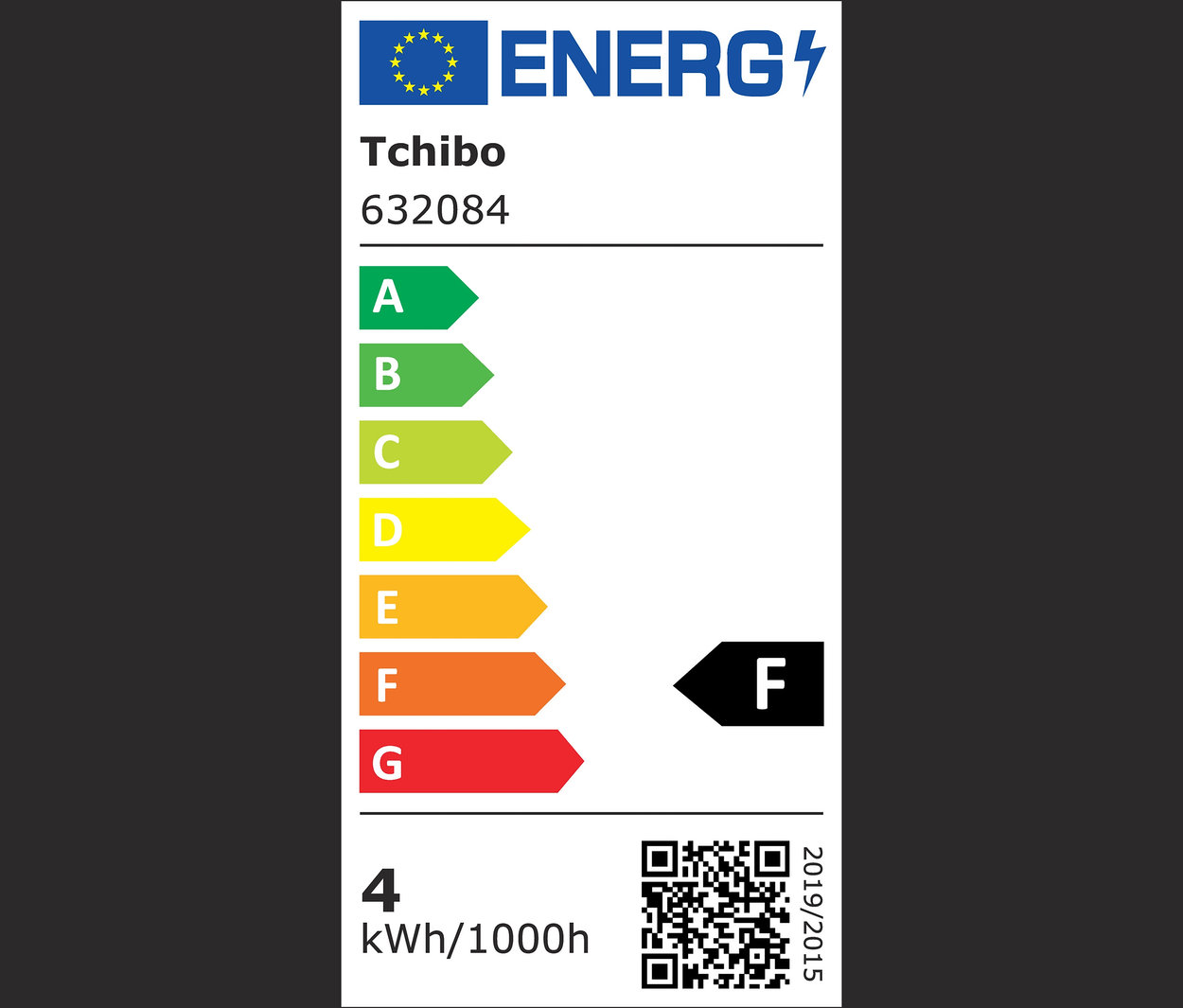 Energiacímke A-tól G-ig terjedő osztályokkal, a termék az F osztályba tartozik.