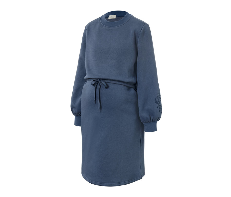 Kék, hosszú ujjú kismama- és szoptatós lezser ruha húzózsinórral a derékrészen és hímzett virágmintával az egyik ujjon.