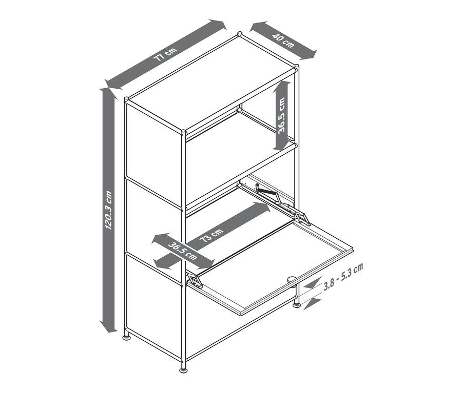 Egy CN3 fém polc vázlata két lenyíló ajtóval, melyek közül az egyik nyitva van.