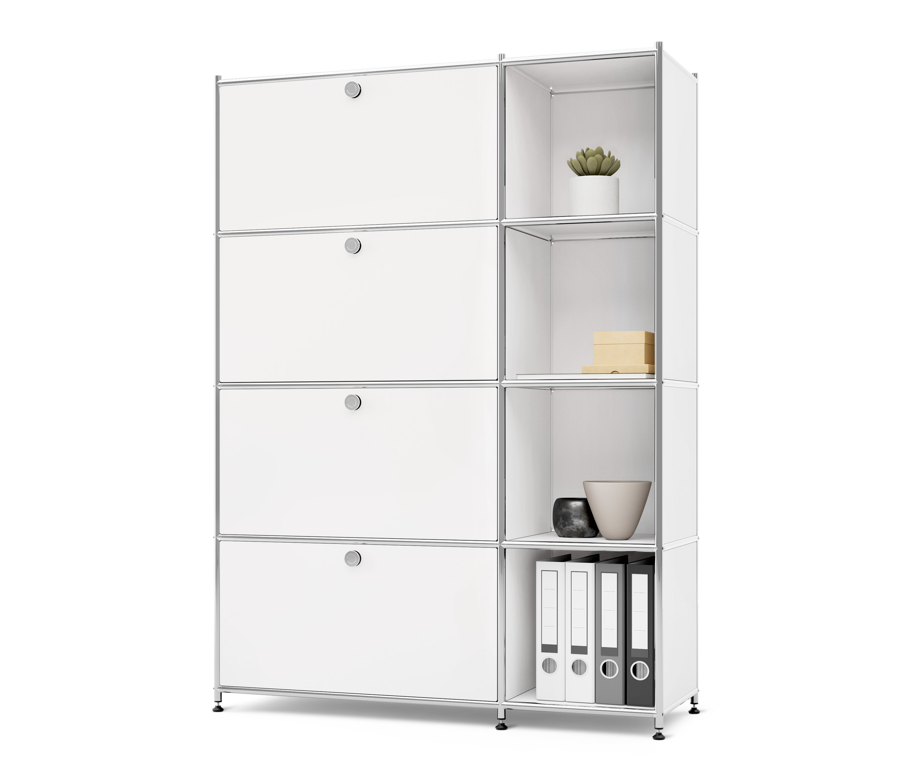 Fehér Fémpolc »CN3« 4 lenyíló ajtóval és nyitott polcokkal, növényekkel, dobozzal, vázával és iratgyűjtőkkel.