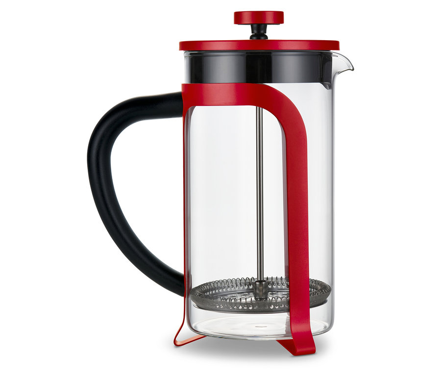 Egy piros, 800 ml-es, 6 csészés dugattyús kávéfőző.