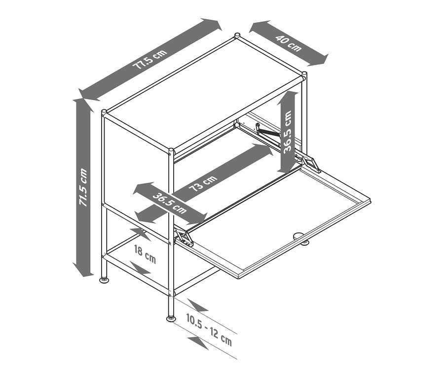 Vázlat a bézs színű »CN3« fém komódról lenyíló ajtóval, méretekkel.