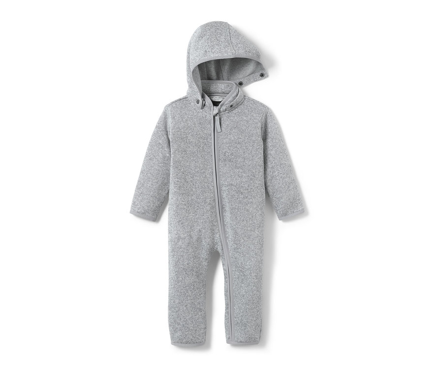 Szürke kötött polár kezeslábas cipzárral és kapucnival.