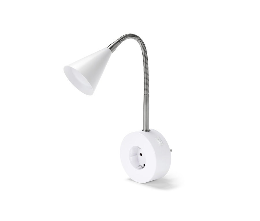 Egy fehér LED-es lámpa flexibilis karral és csatlakozóval fehér háttér előtt.