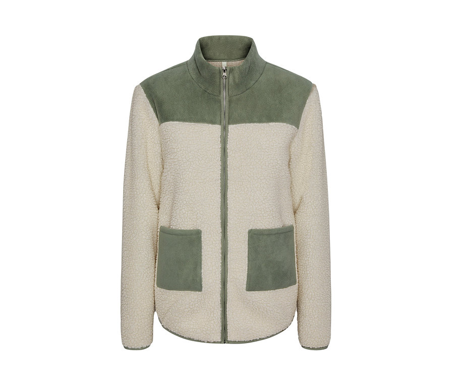 Bézs plüsskabát zöld blokkokkal és cipzárral középen.