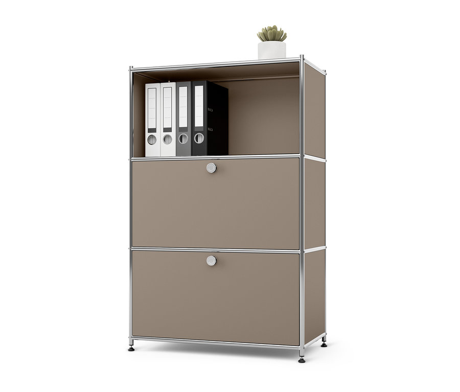 Szürkésbarna fém komód »CN3« 2 lenyíló ajtóval és fémpolc, 2 ajtóval, taupe színben.