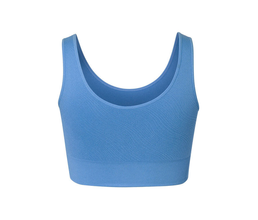Kék női seamless bustier sportmelltartó részlete.
