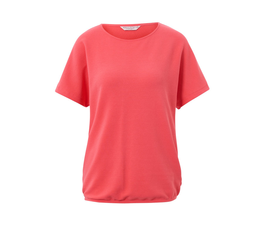 Korall színű, rövid ujjú női pólóblúz.