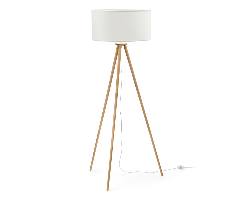 Állólámpa, 3 lábú, textilbúrával, fa vázzal és fehér lámpaernyővel.