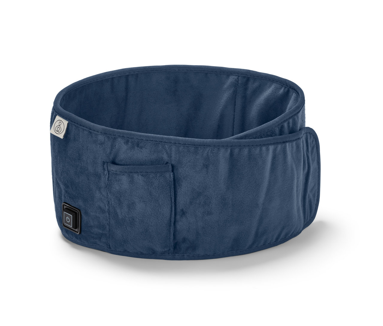 Egy sötétkék elektromos derékmelegítő öv akkumulátorral fehér háttéren.