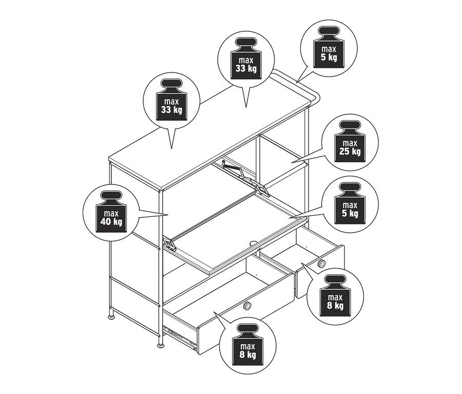 Egy fehér »CN3« fém komód rajza fa felső lappal, egy lenyíló ajtóval és négy fiókkal, maximális terhelhetőséggel.
