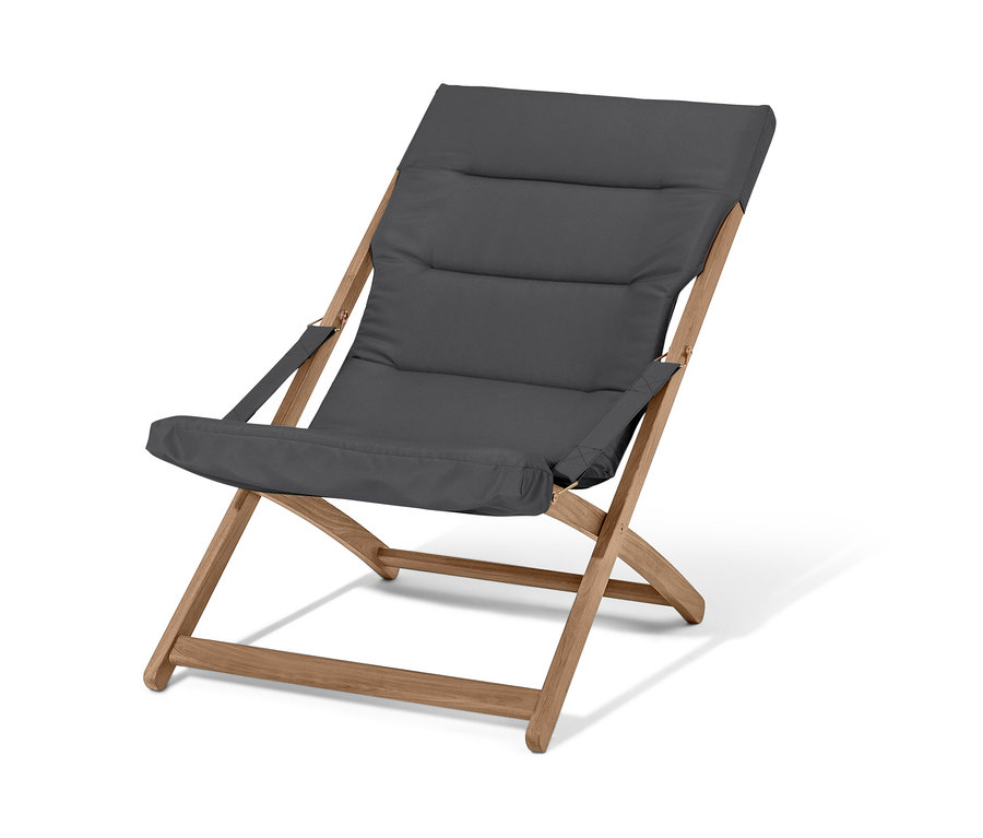 Antracit színű, összecsukható relaxációs fotel fa vázzal.