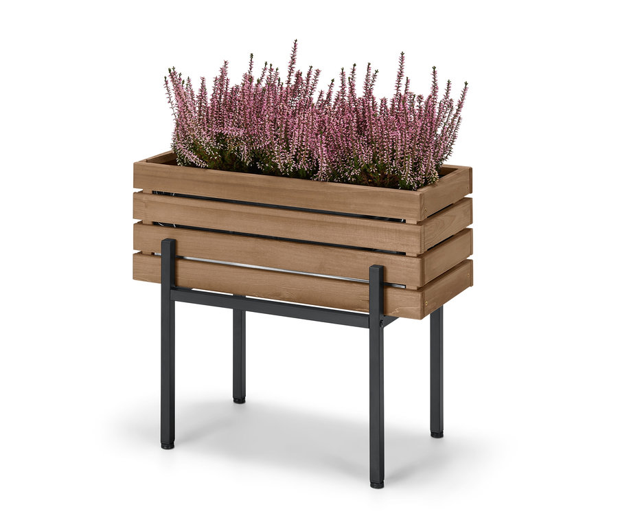 Virágláda, fém lábakkal, Elin virágzó hangával, fehér háttérrel.