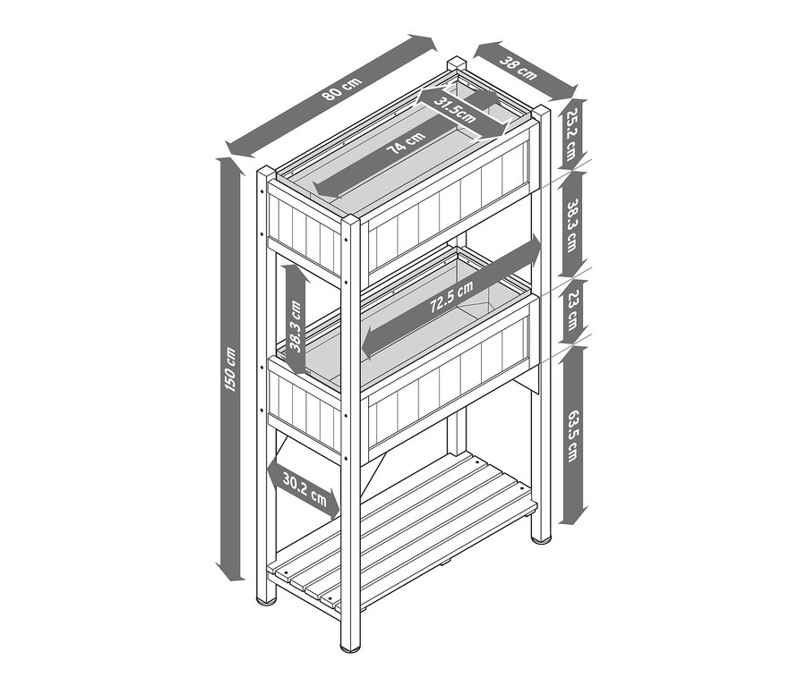 Az Elin növénytartó állvány illusztrációja három szinttel és méretekkel.