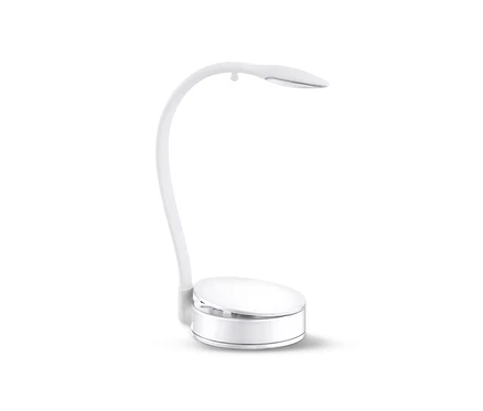 Fehér LED-es olvasólámpa ívelt dizájnnal.
