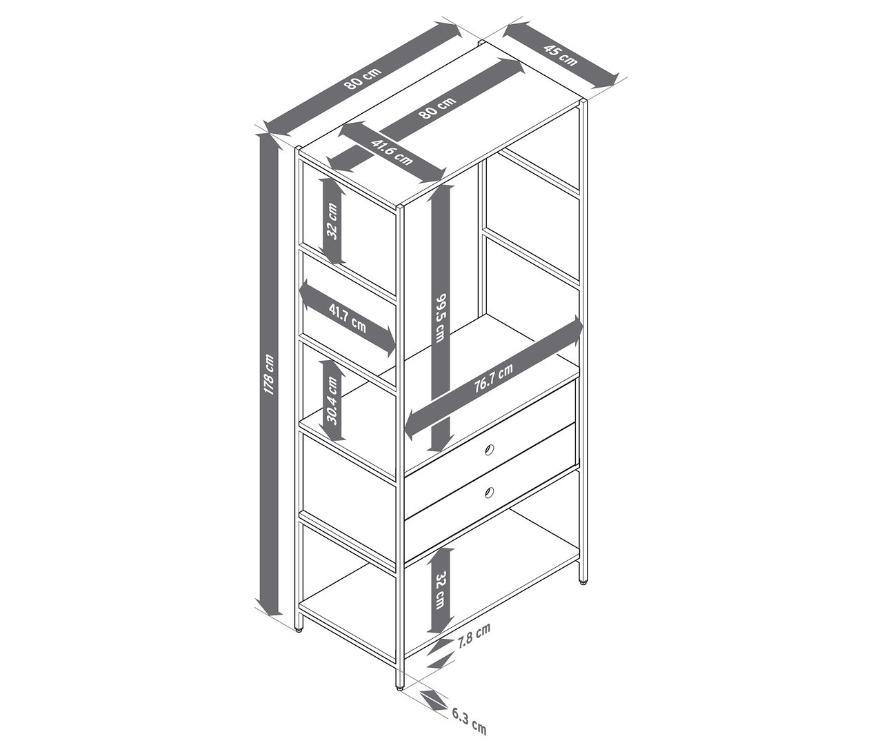 Egy szekrény rajza polcokkal és két fiókkal, méretekkel jelölve.