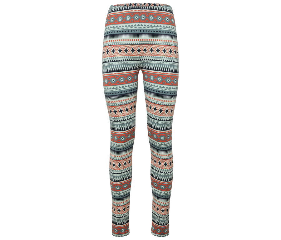 Mintás leggings geometriai formákkal narancs, kék és fehér színekben.