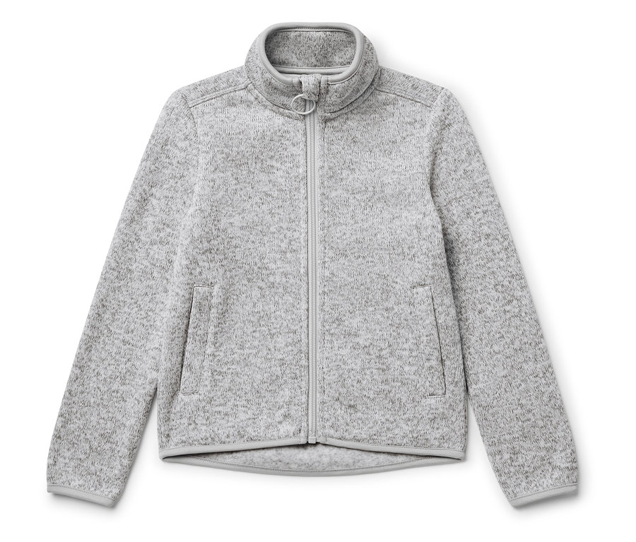 Szürke, cipzáras, kötött polár gyermekpulóver.