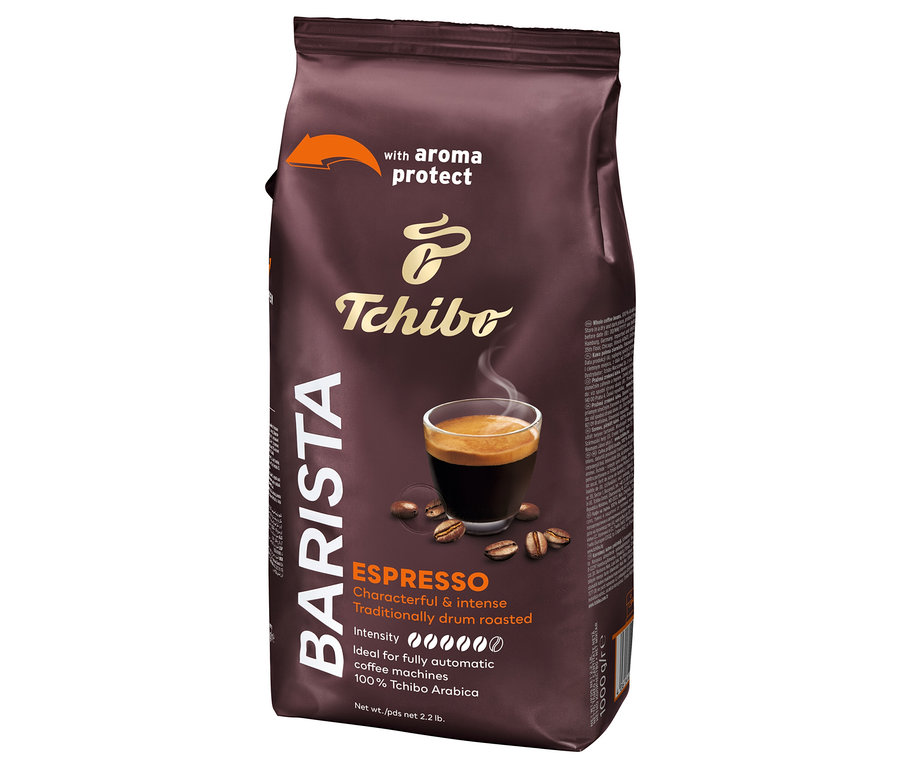 Egy csomag BARISTA Espresso kávé egy csésze eszpresszóval és kávészemekkel.