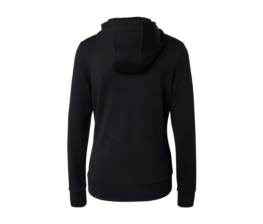 Hátulnézet egy fekete, RWS minősített gyapjú kapucnis felsőről.