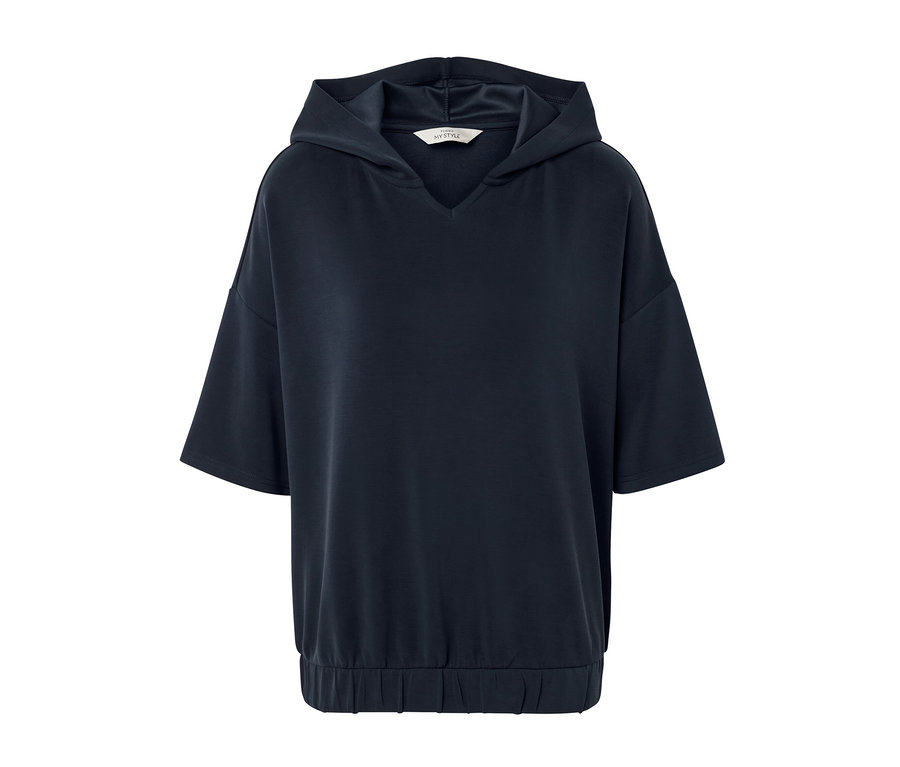 Sötétkék, rövid ujjú kapucnis felső modálkeverékből.