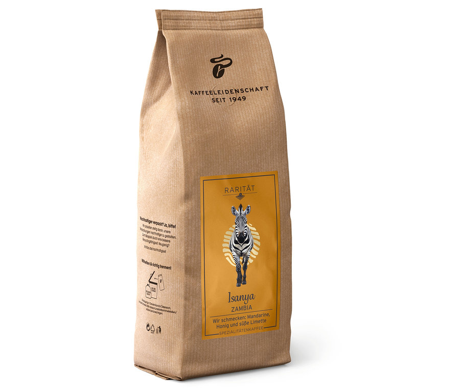 "Isanya Zambia" kávékülönlegesség kávétartó dobozzal – 500 g szemes kávé csomagolása.