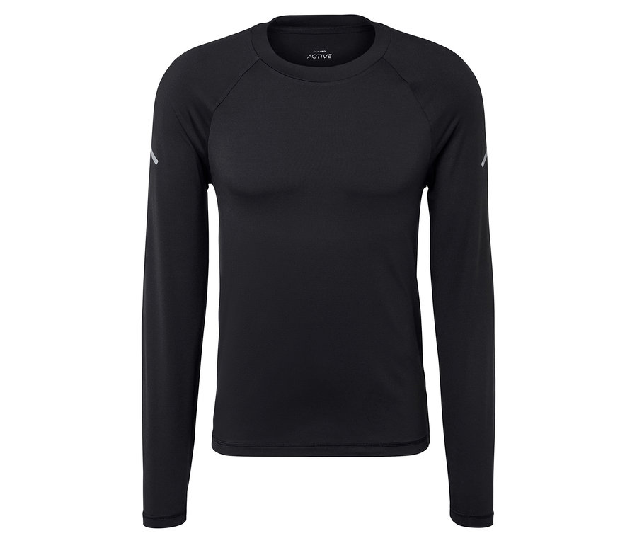 Fekete hosszú ujjú póló fehér háttérrel.