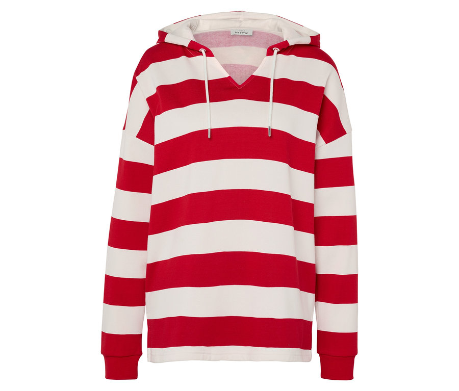 Piros-fehér csíkos, kapucnis, hosszú ujjú pulóver.
