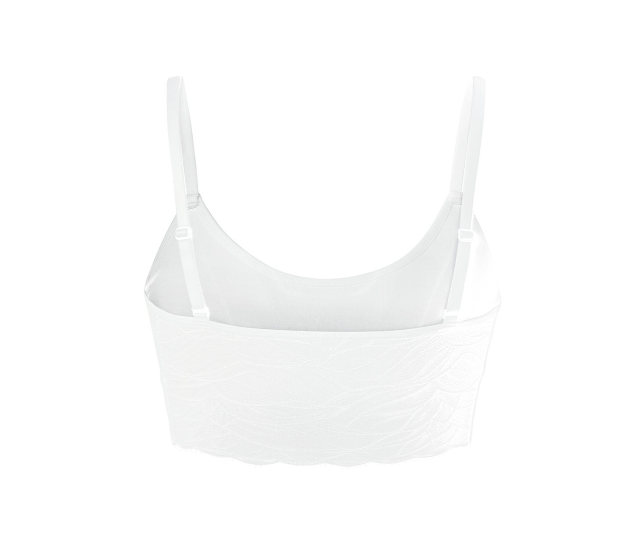 Egy fehér, csipkés, seamless bustier részlete.