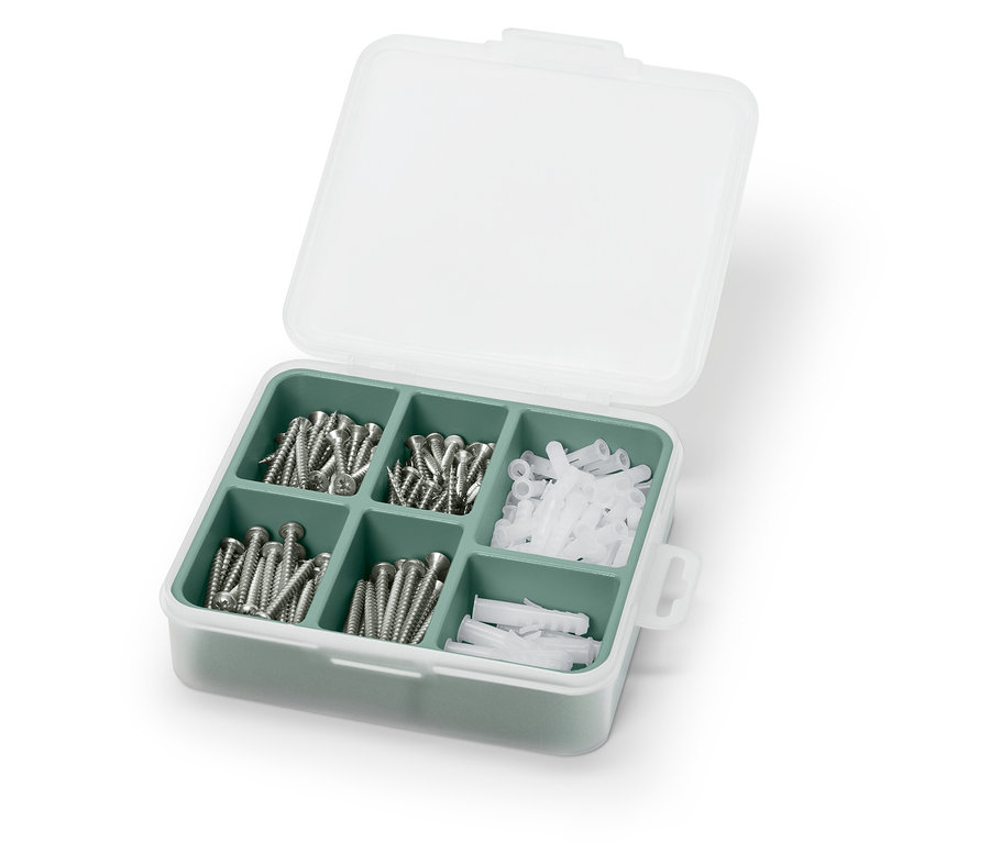 Nyitott csavar-és-tiplikészlet fehér-zöld tokban.