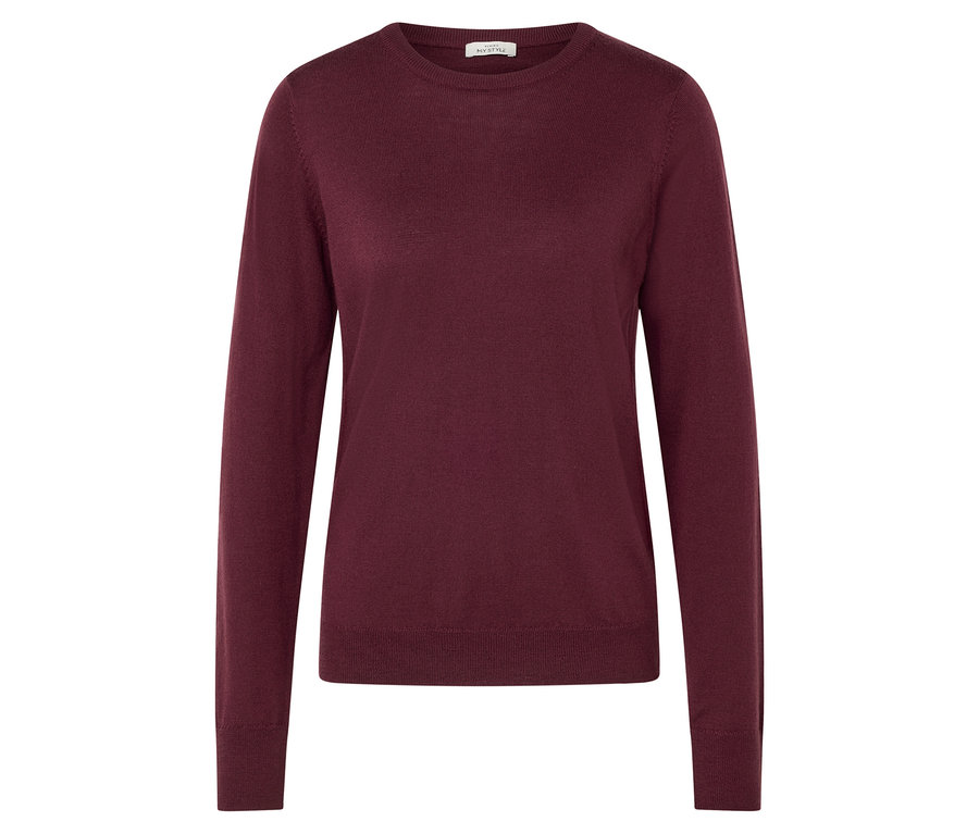 Sötétpiros, finom kötésű merinópulóver.