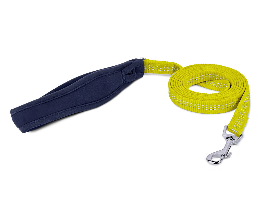 Sárga kutyapóráz kék fogantyúval fehér háttéren.