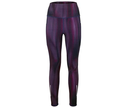 Lila-fekete leggings vízszintes csíkokkal.