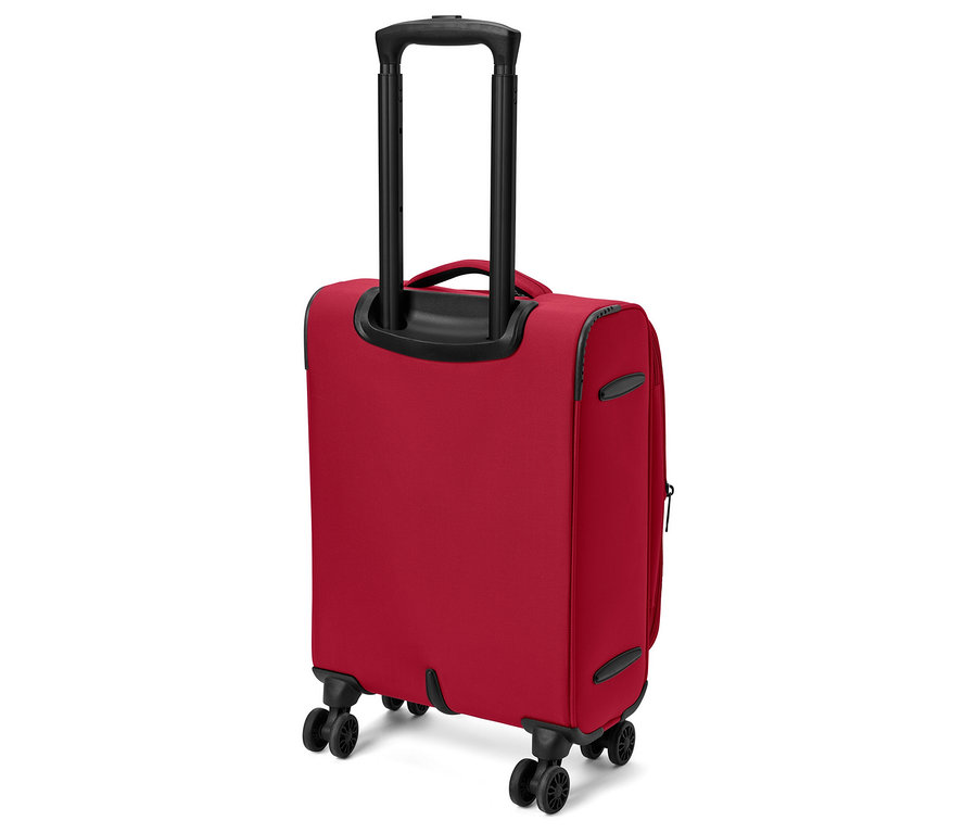 Piros gurulós bőrönd fekete fogantyúval és kerekekkel.