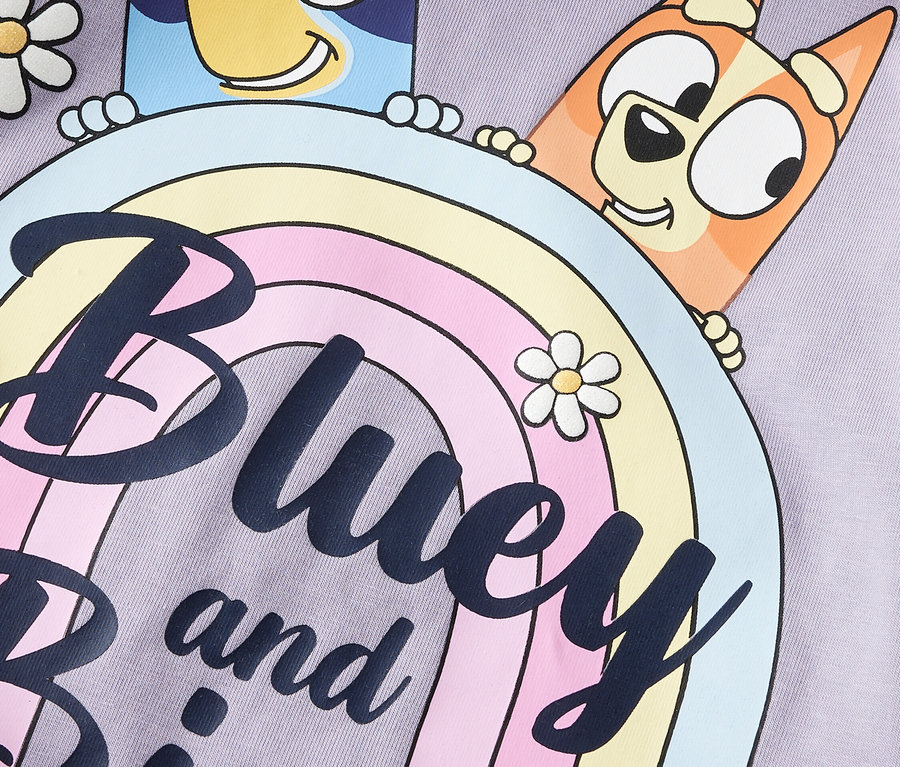 Egy lila szövet közelképe a Bluey és Bingo rajzfilmfigurákkal, amint egy szivárvány fölé kukucskálnak, valamint százszorszépekkel.