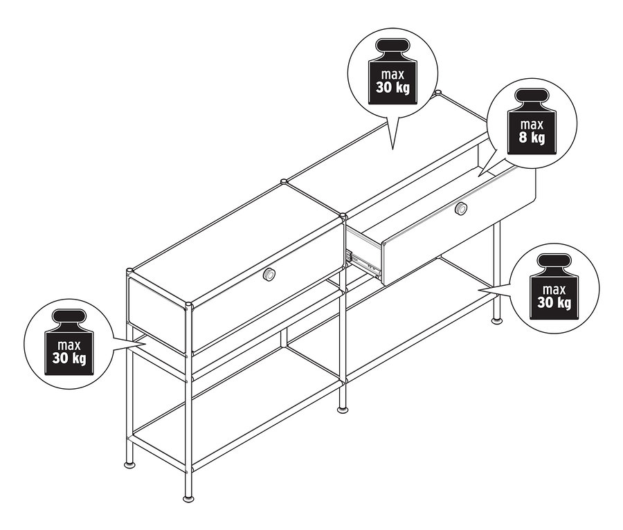 Felülnézet egy sematikus ábrázolásról, amely két fehér »CN3 Slim Line« fém konzolasztalt ábrázol, mindegyik kettő fiókkal, az egyik fiók nyitva van. A konzolasztalok és fiókok maximális terhelhetősége fel van tüntetve.