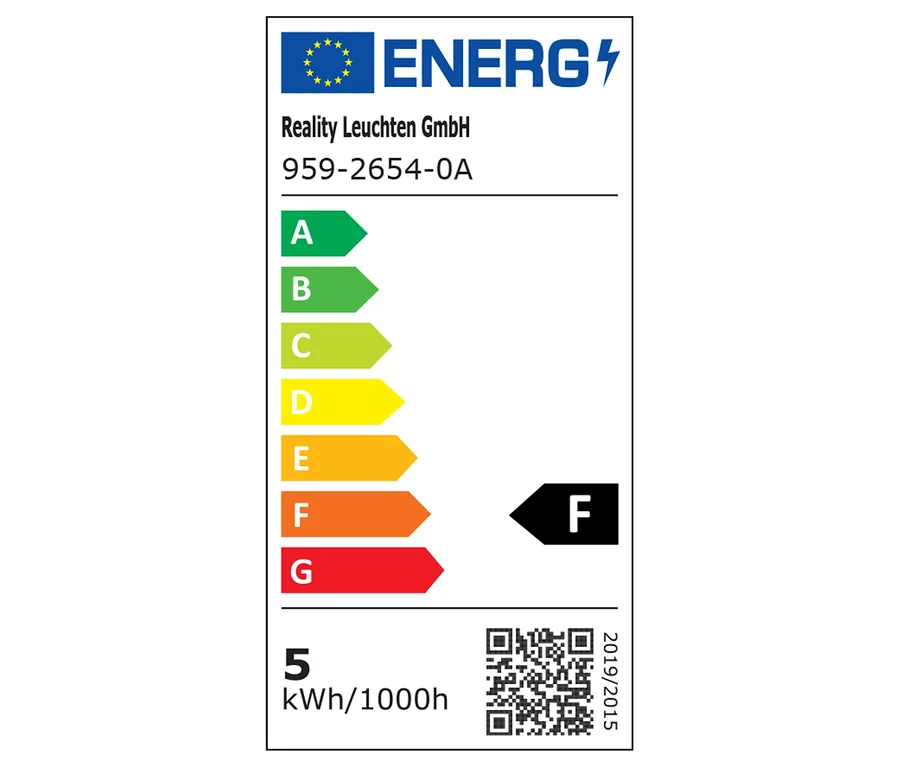 Energiacímke A-tól G-ig terjedő energiahatékonysági osztályokkal, ahol a Trio Stehleuchte »Palermo« F minősítést kapott.