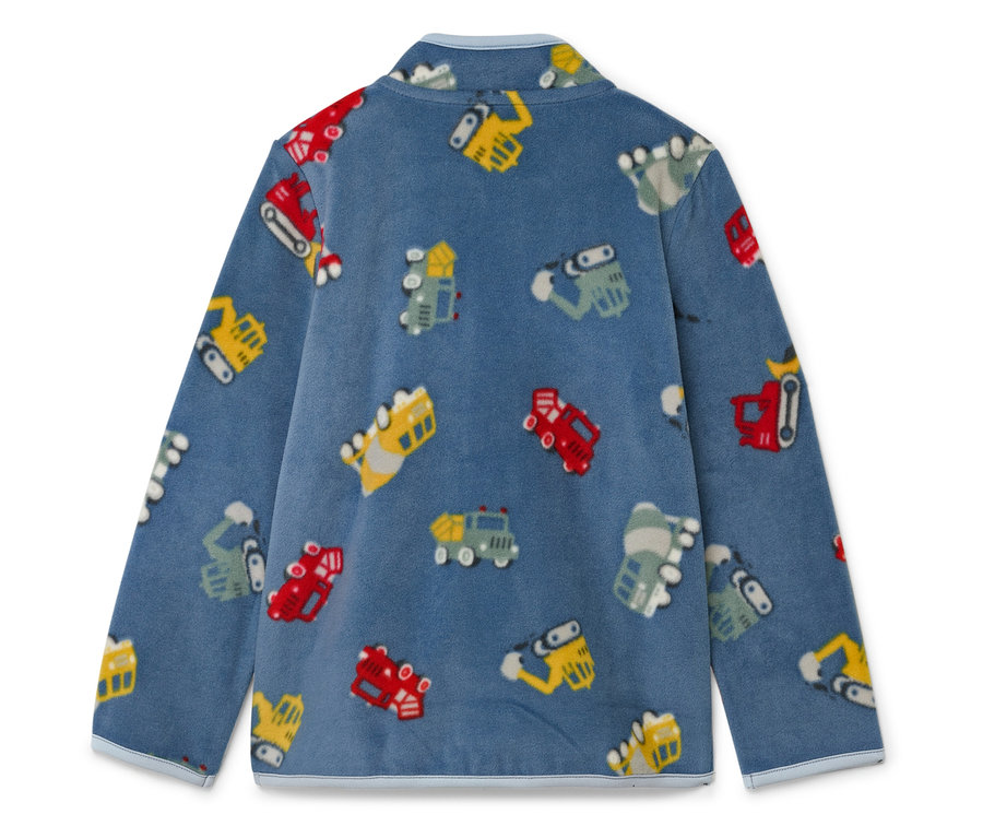 Kék fleece felső különböző színes járművekkel.