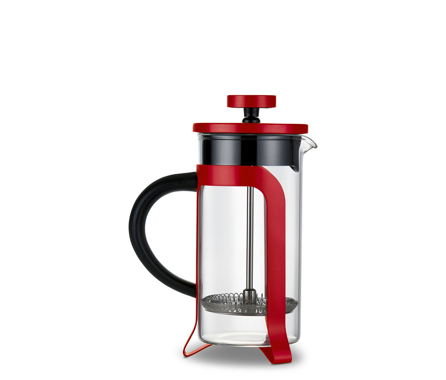 Egy piros, 300 ml-es dugattyús kávéfőző 2 csészéhez.