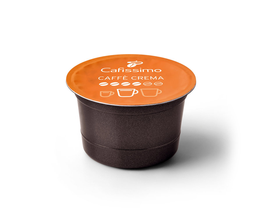 Sötétbarna Cafissimo Caffè Crema Rich aroma kapszula narancssárga fedéllel, kávébab és csésze szimbólumokkal.